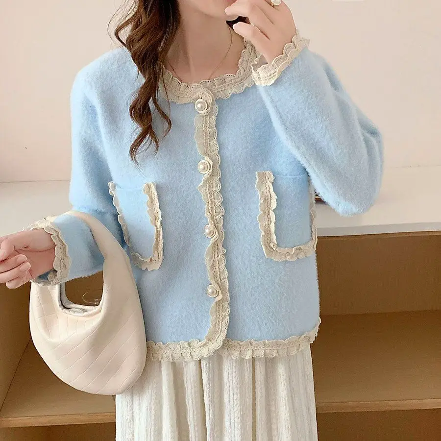 

Tweed Jacket Blue Womens Autumn Homecoming Evening Party Ceremony Prom Sequined Rhinestones Beaded Pearl Glitter Shining Sweet