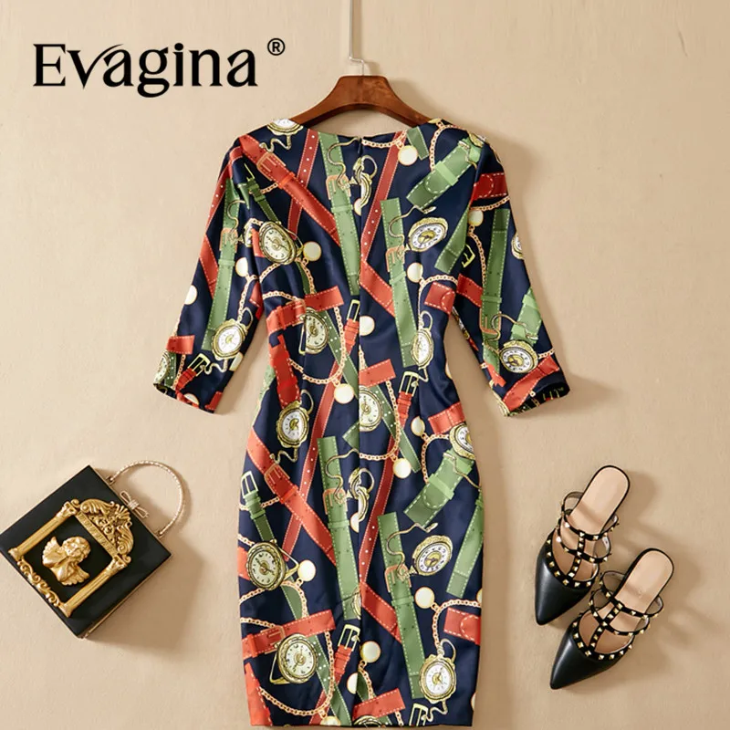 Evagina New Fashion Runway Designer Dress Women's Three Quarter Sleeve Striped Pringt S-XXL Pretty Slim Mini Dresses