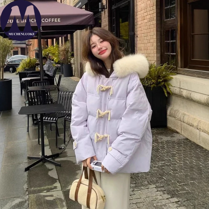 

Women's Elegant Hooded Down Jacket with Fur Collar, Thick Short Coat Casual Loose Parkas, Keep Warm, Korean Fashion, Winter, New