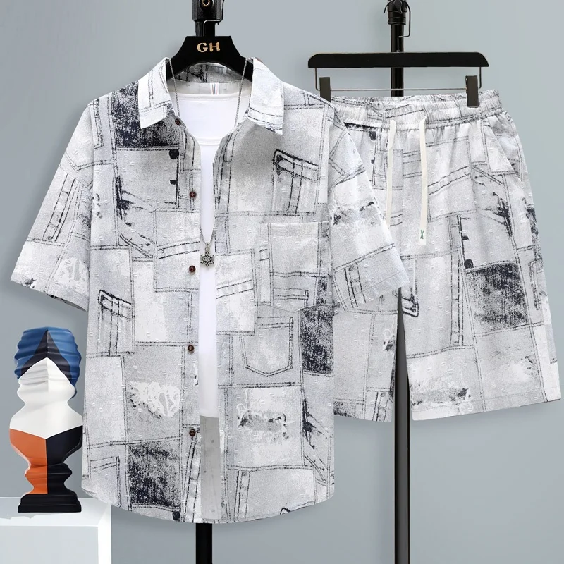 アイスシルク素材のメンズセットアップ、夏に涼しい感触の半袖カジュアルスポーツツーピースセット、ポリエステル繊維、ユース向けシャツ