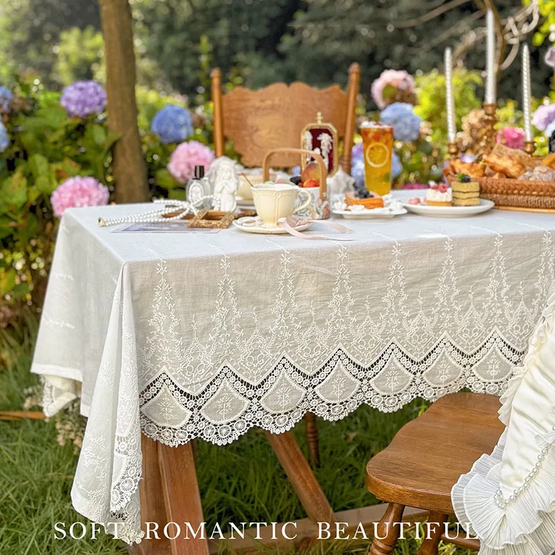 French Retro White Flower Embroidery Lace Tablecloth Palace Style Light Luxury Romantic Dining Table& Coffee Table Cloth Cover