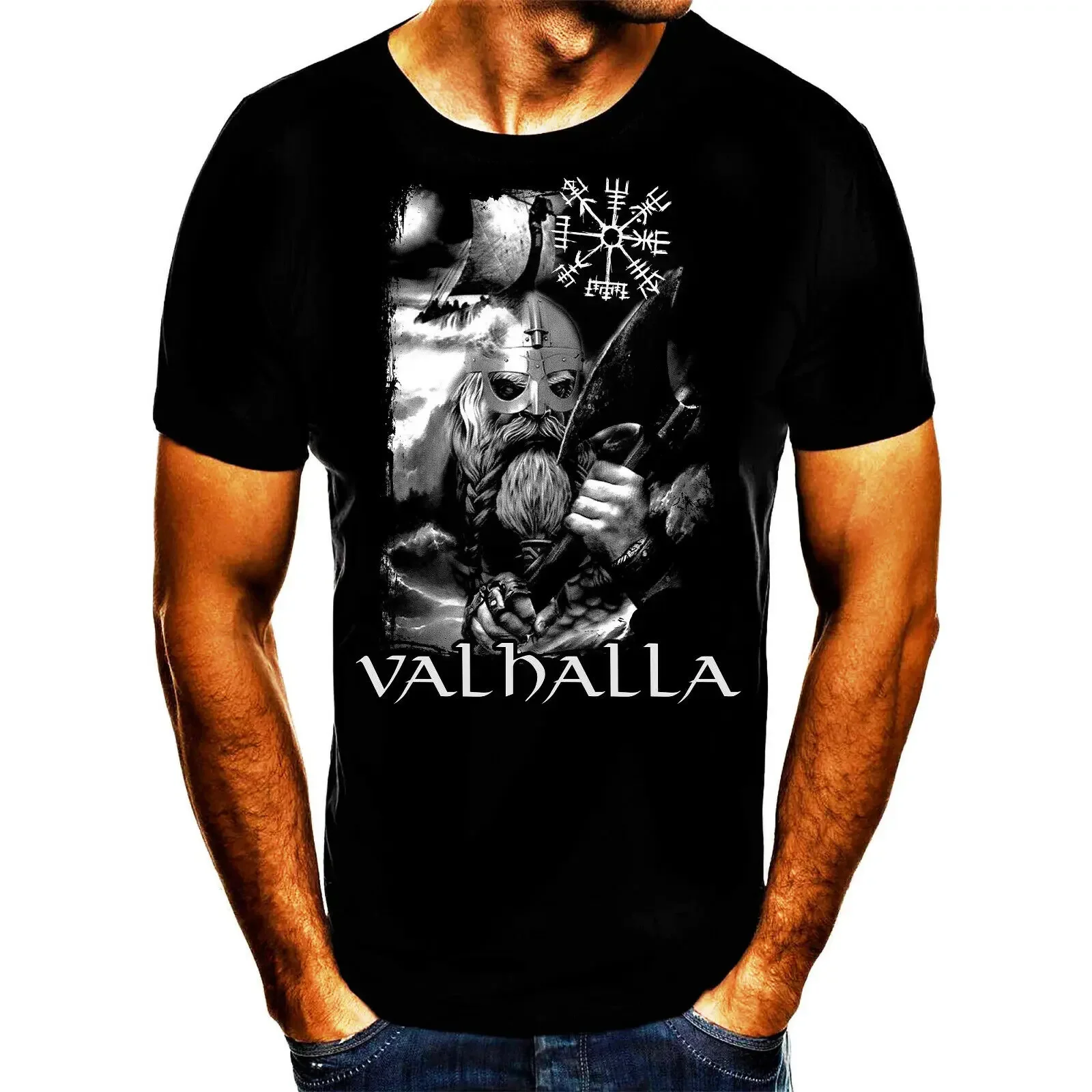 Norse Vegvisir Rune Nordic Warrior Valhalla T-Shirt 100% Cotton O-Neck Short Sleeve Summer Casual Mens T-shirt Streetwear