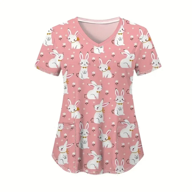 Micro-ElasticVShort-sleeved Easter bunny print medical workwear Women's Dental Nurse Special Clinical Fashion Uniform