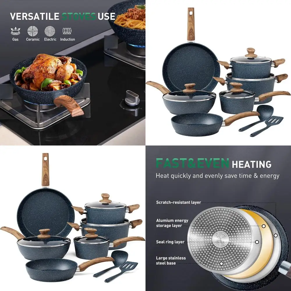 

12-Piece Non-Stick Induction Cookware Set, Blue Granite Finish, Kitchen Pans and Pots