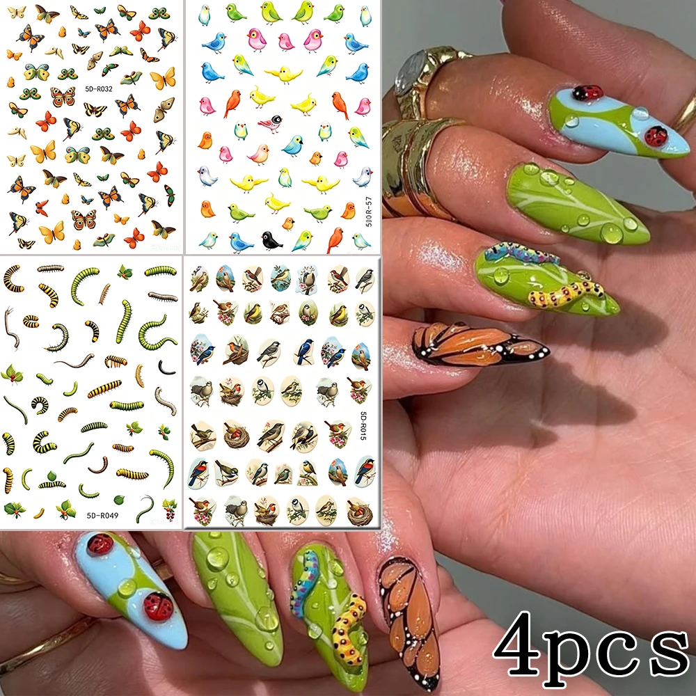 1/4Pcs 5D Butterfly Worm Bird Nail Stickers Embossed Colorful Insect Animal Self Adhesive Nail Decal Summer/Spring Nail Supplies
