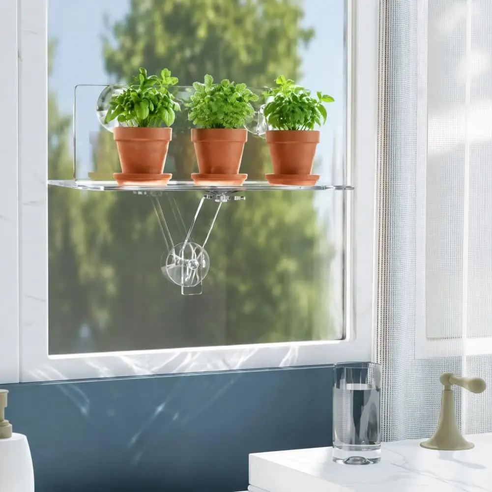 Acrylic Suction Cup Ledge Wall Mounted Plant Rack Acrylic Window Sill Plant Shelf with Strong Suction Cups Floating Wall Mounted