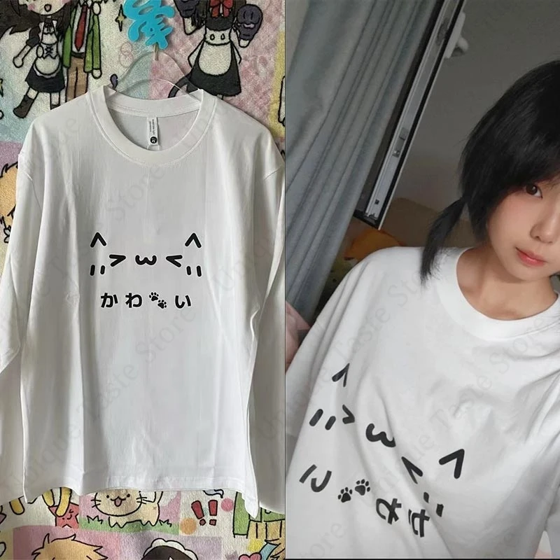 ‌Kawaii Cat Face Emoticon Long Sleeve T-shirt Japanese かわいい 