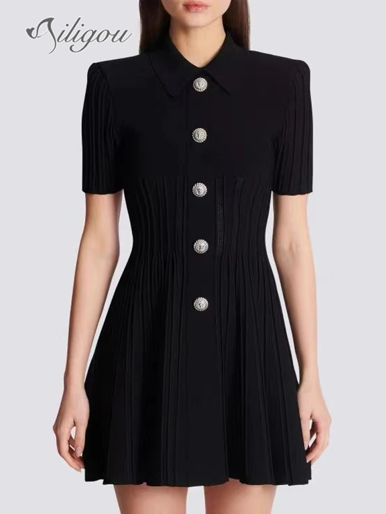 

Ailigou 2024 New Women's Black Ribbed Knitted Slim Fit A-line Short Sleeve Button Sexy Mini Dress Elegant Celebrity Party Dress