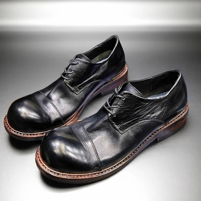 

Retro British Casual Genuine Leather Low Top Round Toe Handmade Leather Shoes Men's High-end Washed Horsehide Derby Dress Shoes