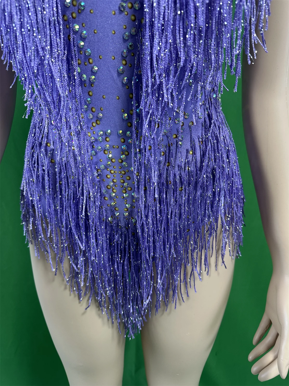 Versatility Seductive Stylish Women Sexy Backless Purple Rhinestone Tassel Dance Carnival Stage Bodysuits Shinning Latin Outfits