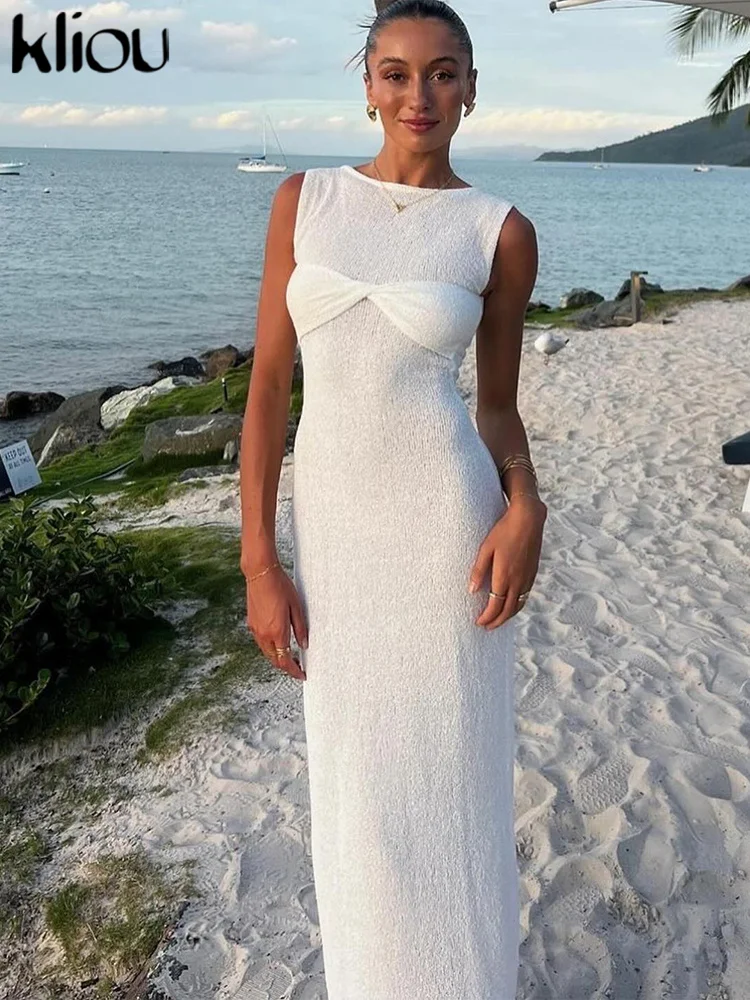 Kliou 夏リリースジュニアカジュアルニットミディドレス W24D48907 女性ピンク甘いタンクスリムソフティ Vestidos 固体エレガントなローブ