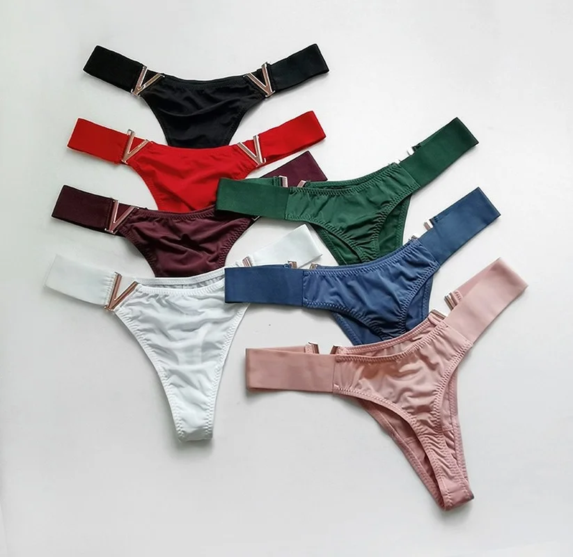 Sexy V-Shaped Metal Decoration T-Back Fashion Trendy Sports Hip Lifting Low Waist High Fork T-Shaped Panties Thongs Women Sexy