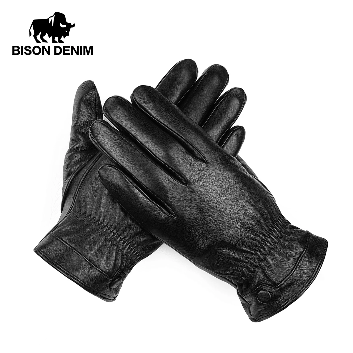 BISON DENIM Men's Genuine Leather Gloves Touch Screen Gloves for Men Winter Warm Mittens Full Finger handschuhe Plus Velvet S019