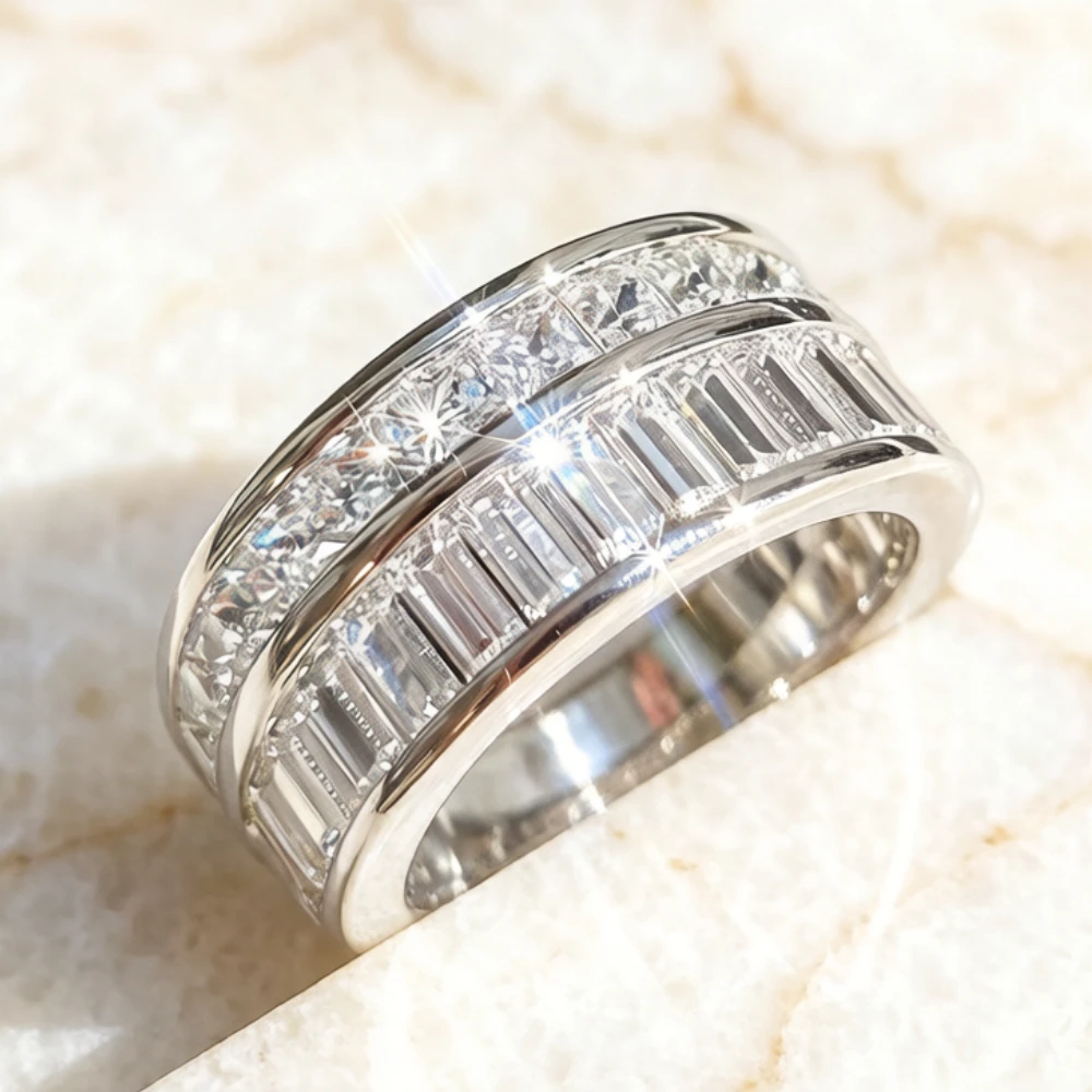 Huitan Versatile Women Ring Multi-layers Silver Color Party Wedding Accessories Versatile Fashion Inlaid Shiny CZ Fancy Jewelry