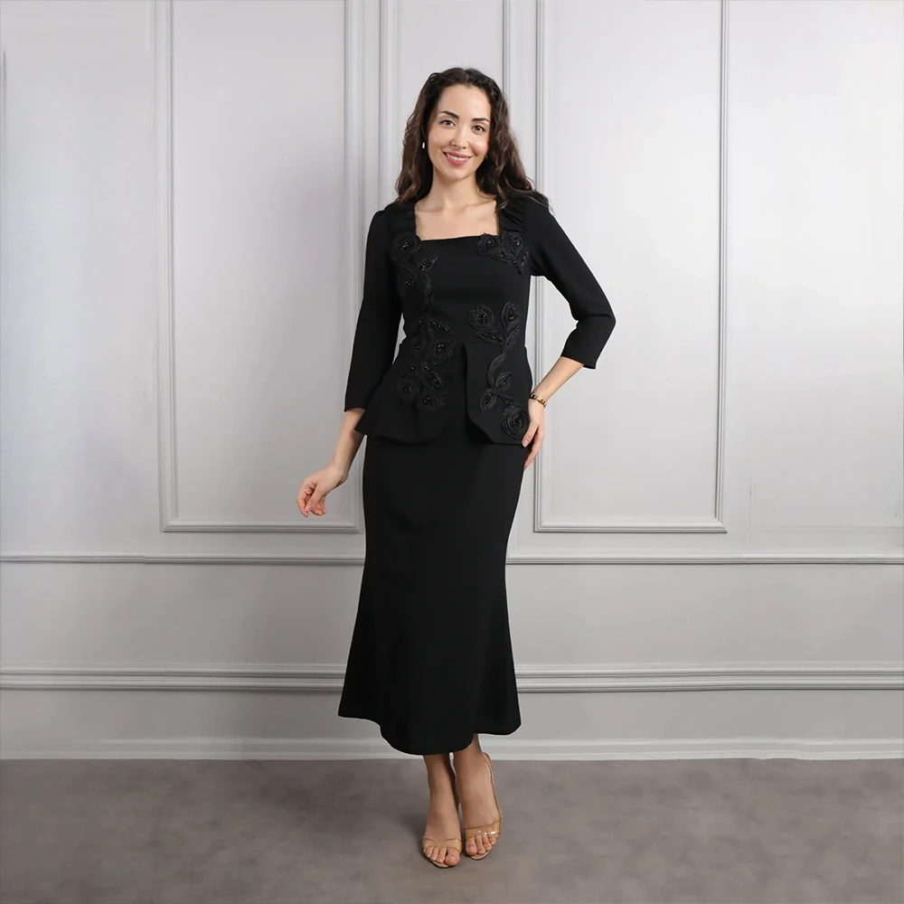 ชุดราตรีสีดำคอเหลี่ยมแบบสั่งตัด  ชุดออกงานหรูหราสำหรับงานพรอม ประดับด้วยลูกปัด  ชุดราตรีงานพรอมยาวระดับชา ปี 2025