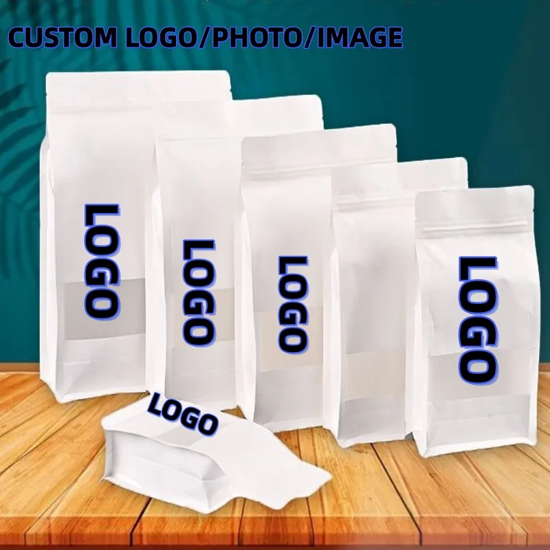 

3D White Paper Stand Up Zip Lock Bags with Window Resealable Food Storage Pouches for Snack Tea Coffee Cookie Spice Nuts Sugar