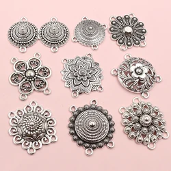 10pcs Antique Silver Plated Boho Vintage Flower Connector Charms Pendant DIY Jewelry Making Accessories Findings
