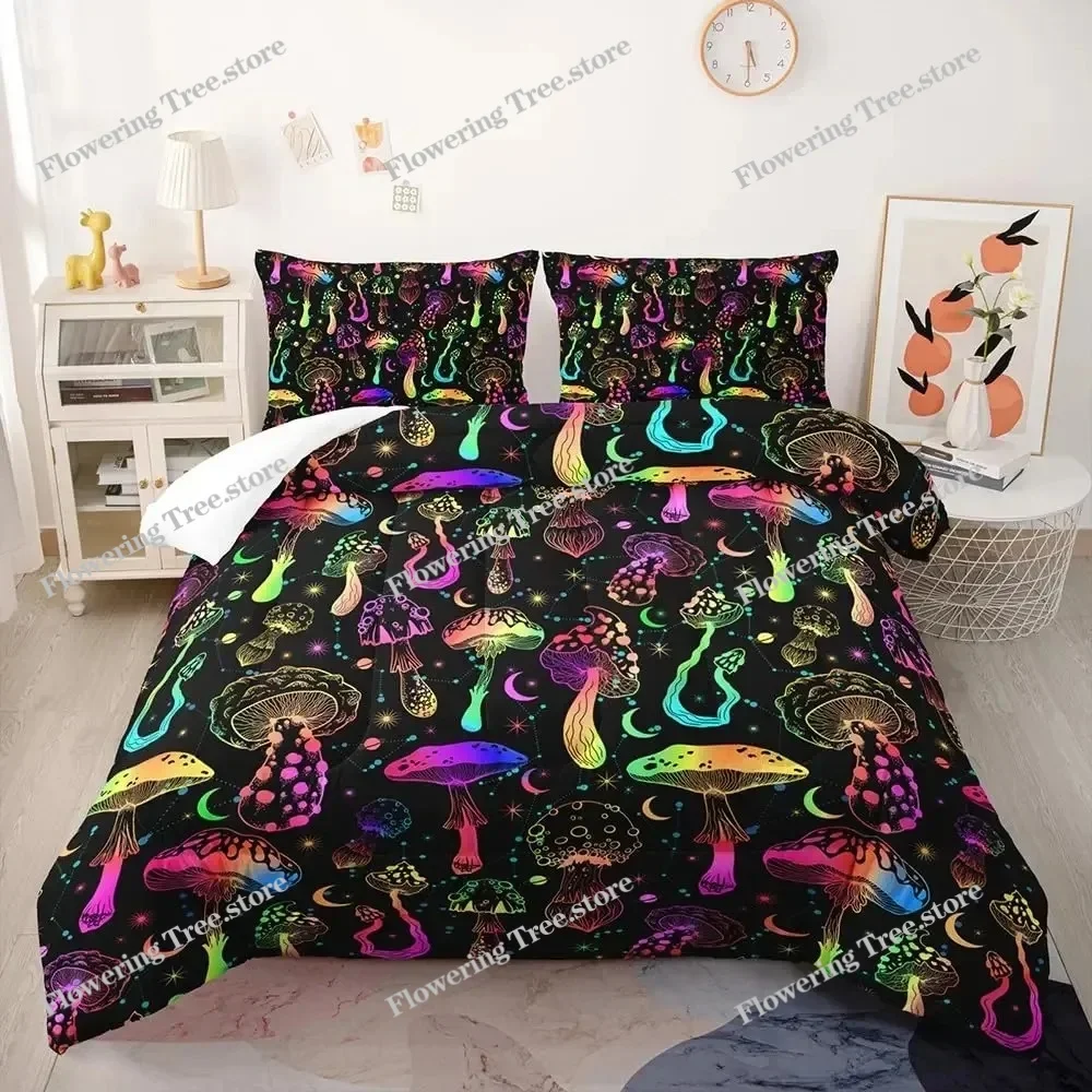 

Red Mushroom Kawaii Comforter Set Twin Size Kids Bedding Set Botanical Plant Theme Print Quilt Bed Set for Boys Girls Adults