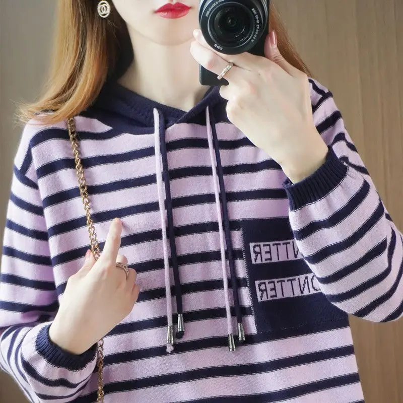 2023 Autumn and Winter Women\'s New Hooded Knit Sweater Sweater Loose Striped Versatile Comfortable Western Bottom Hat Top