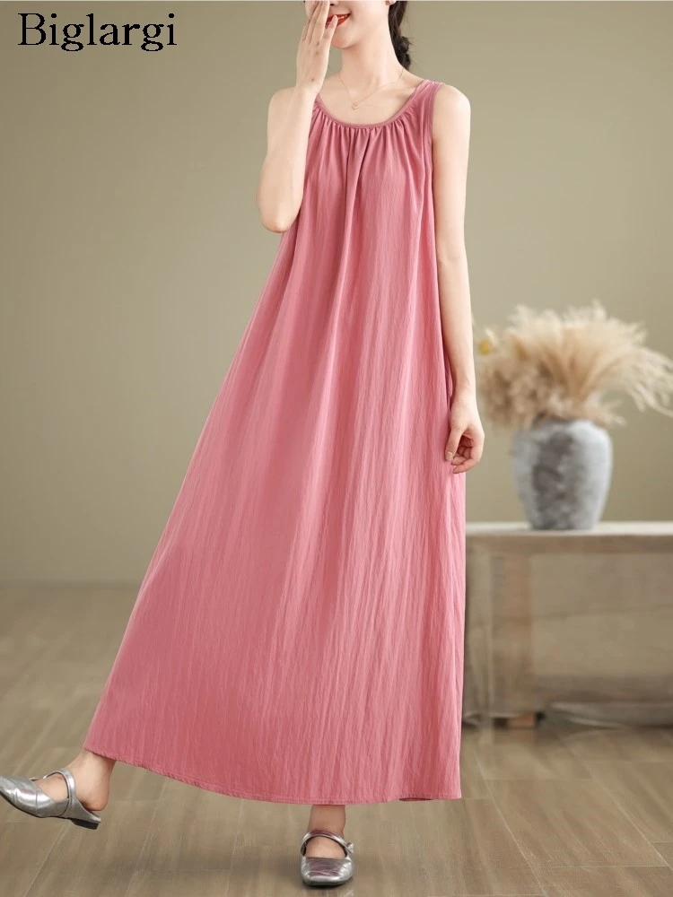 

Oversized Summer Sleeveless Vests A-Line Dress Women Loose Ruffle Pleated Fashion Ladies Dresses Casual Woman Long Pink Dress