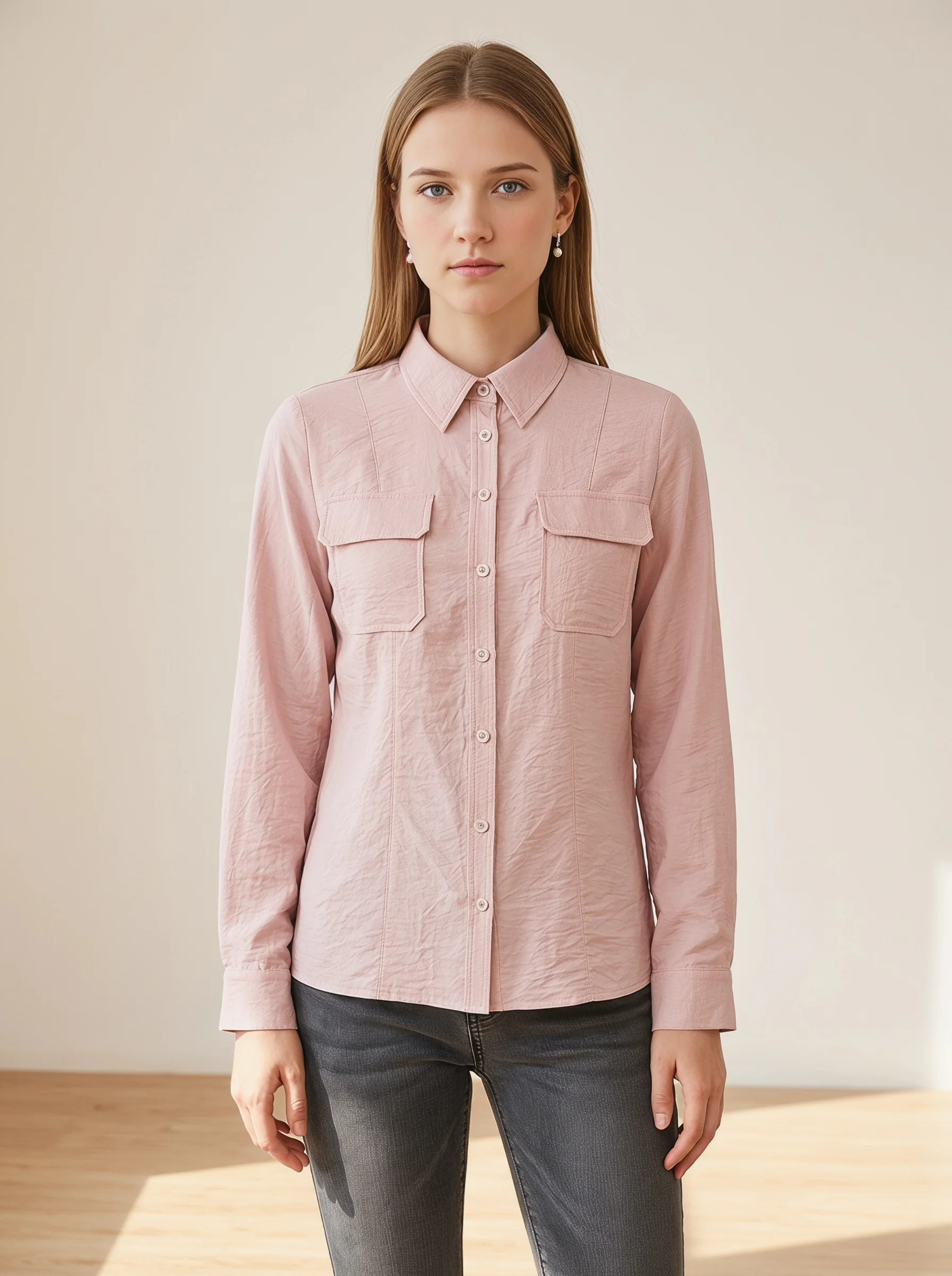 Langarmhemden für Damen im Herbst/Winter 2025, rosa Revers-Arbeitskleidungsoberteil mit doppeltem Taschen-Design, schlichte Strickjacke im Retro-Stil