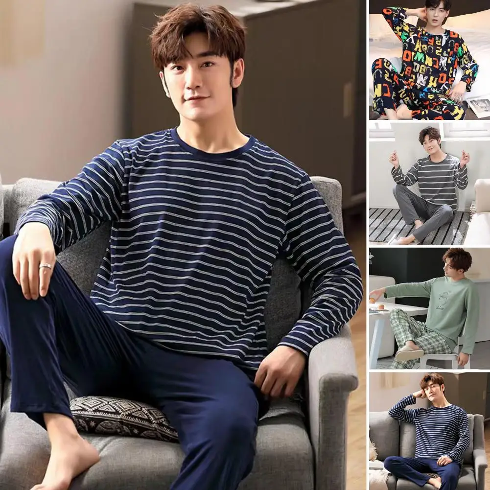 Men Pajama Set Men Home Pajamas Men's Striped Print Pajama Set with Long Sleeve Top Elastic Waist Pants Cozy Lounge for Home