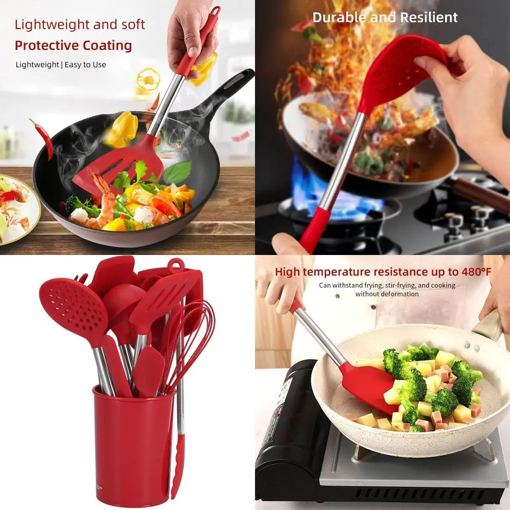 

15-Piece Silicone Cooking Set with Stainless Steel Handles and Storage Bucket, Heat Resistant Kitchen Tools in Red