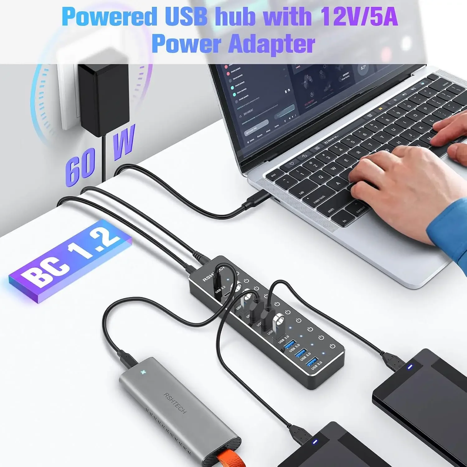 USB-концентратор RSHTECH, 10 портов, 60 Вт, 10 Гбит/с