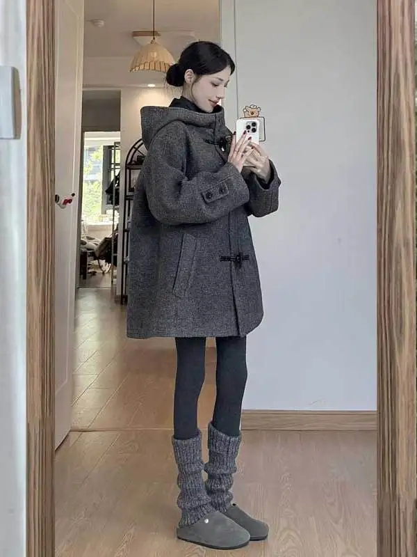 

Корейское шерстяное пальто миди длины с пуговицами из рога, модная зимняя верхняя одежда для женщин, красивое пальто с отложным воротником