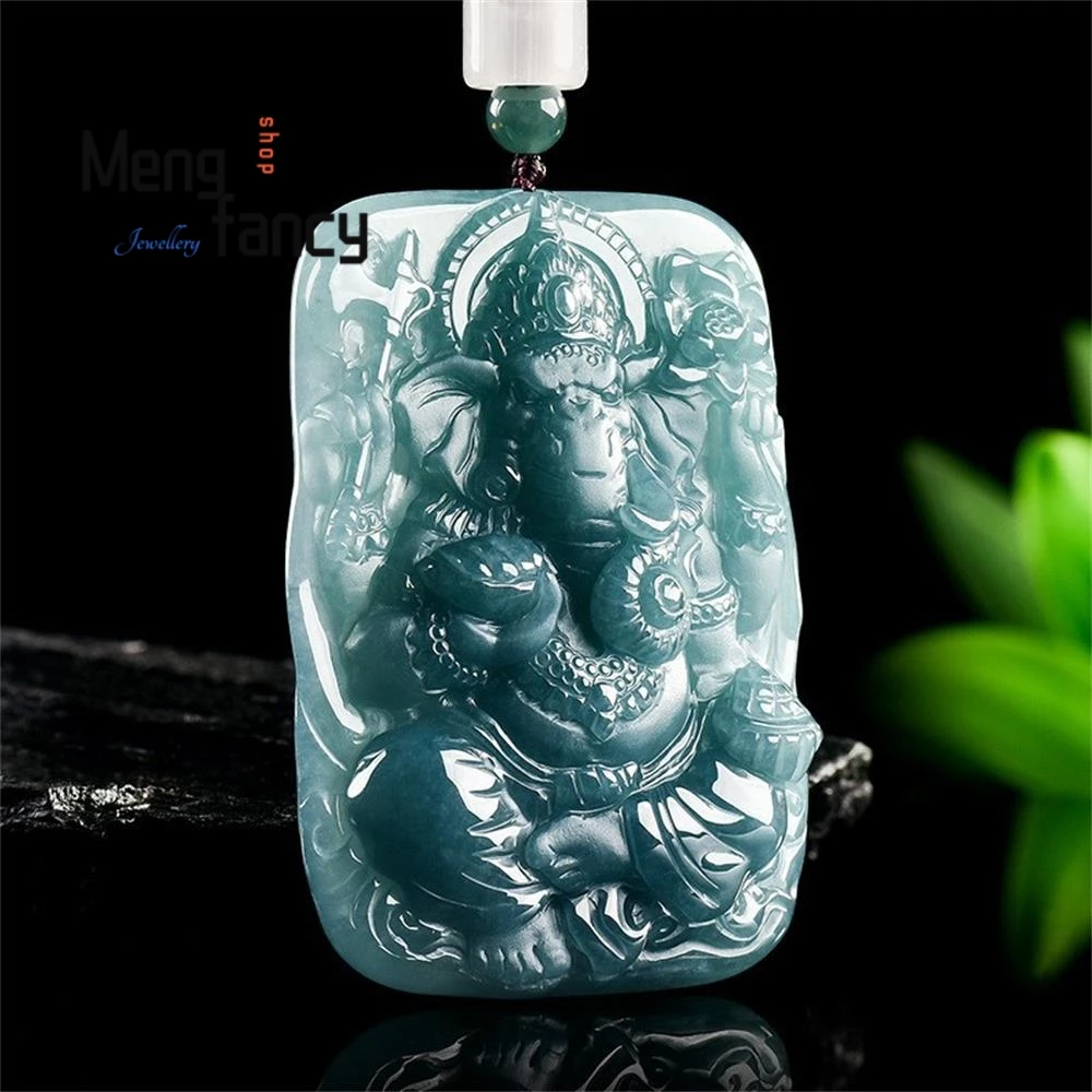 

Natural A-grade Jadeite Blue Water Thai Elephant God Ice Seed Jade Pendant National Style Mascots Couple Luxury Fashion Jewelry