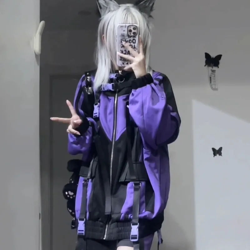 Patchwork Japanische Y2k Jacken Mädchen Übergroßen Zipper Harajuku Mäntel Casual Langarm Mit Kapuze