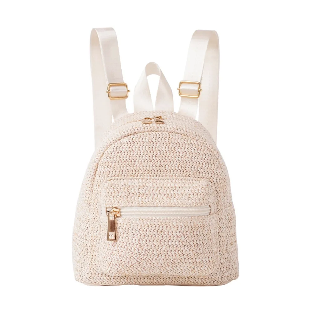 

Portable Woven Small Backpack Lightweight Ethnic Style Straw Weaving Backpack Multicolor Stripes Large Capacity Mini School Bag