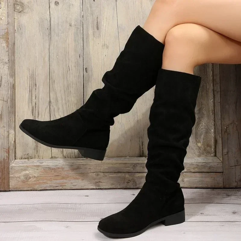 Pleated Boots Women Faux Suede Flock Knee High Boots 2024 Winter Women Fashion Slip on Square Low Heel Knight Booties Mujer 202