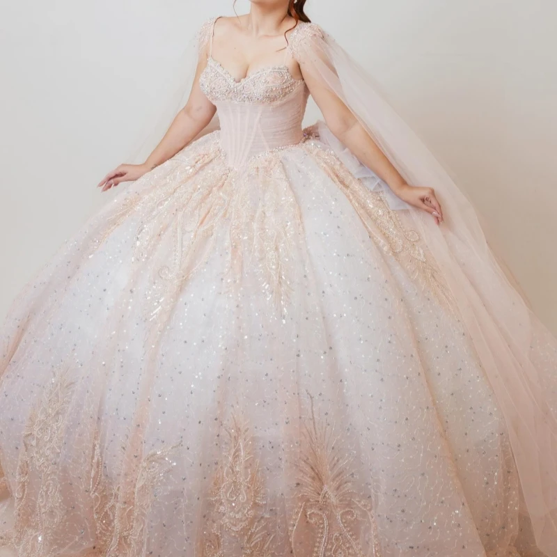 

Light Pink Shiny Quinceanera Dresses Off The Shoulder Applique Lace Beading Crystal With Cape Tull Party Birthday Sweet 16 Dress