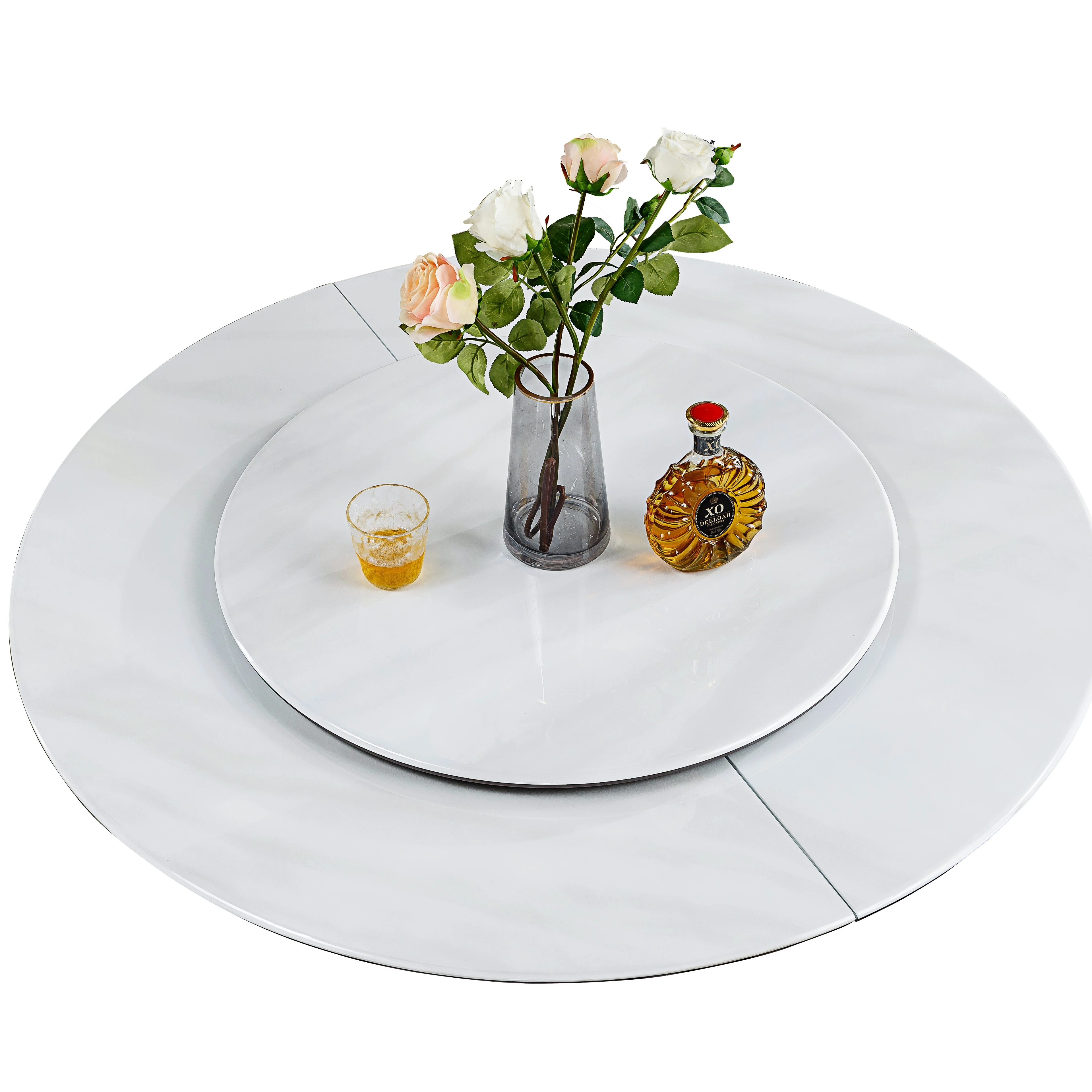 #Luxury Natural Stone Round Marble Dining Table With Lazy Susan For High-End Villas, Cream Style, Italian Minimalist White