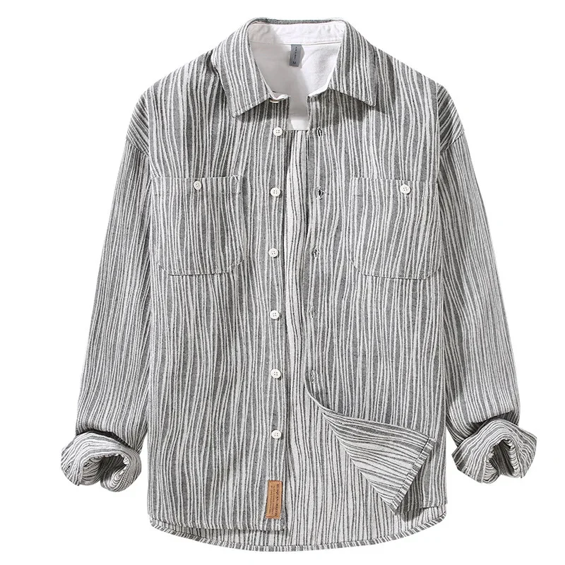 japanese retro Spring and Autumn Fashion Lapel Long Sleeve Striped Shirt Men's Loose Casual Button Clothes