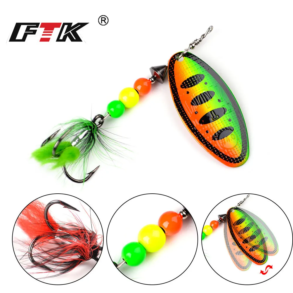 FTK Hard Spinner Fishing Lure Fishing Tackle Treble Hook Feather Artificial Bait Spoon Metal 8g 14g 20g