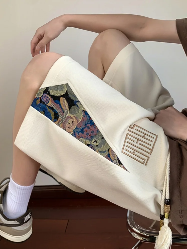 

Мужские летние тонкие повседневные брюки-капри с вышивкой в стиле пэчворк, дышащие, свободные, с эластичным поясом