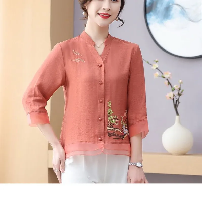 Damen Chiffon Halbarm V-Ausschnitt Blume bestickt Pullover T-Shirt Knopf Strickjacke lässig Mode elegante Frühling Sommer Tops