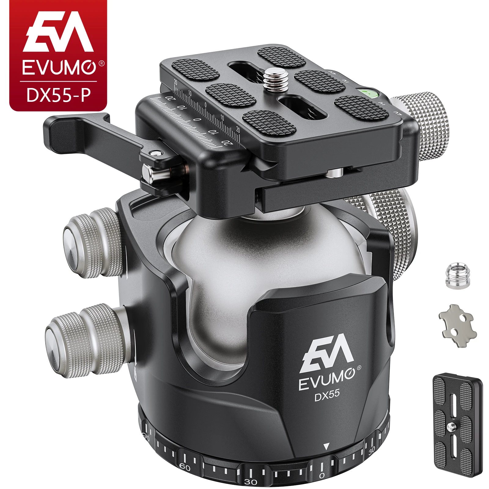 

EVUMO DX55-P Professional Tripod Ball Head Aluminum Panoramic 55mm Ball for Tripod Monopod Load 40kg Picatinny/Arca Swiss Mount