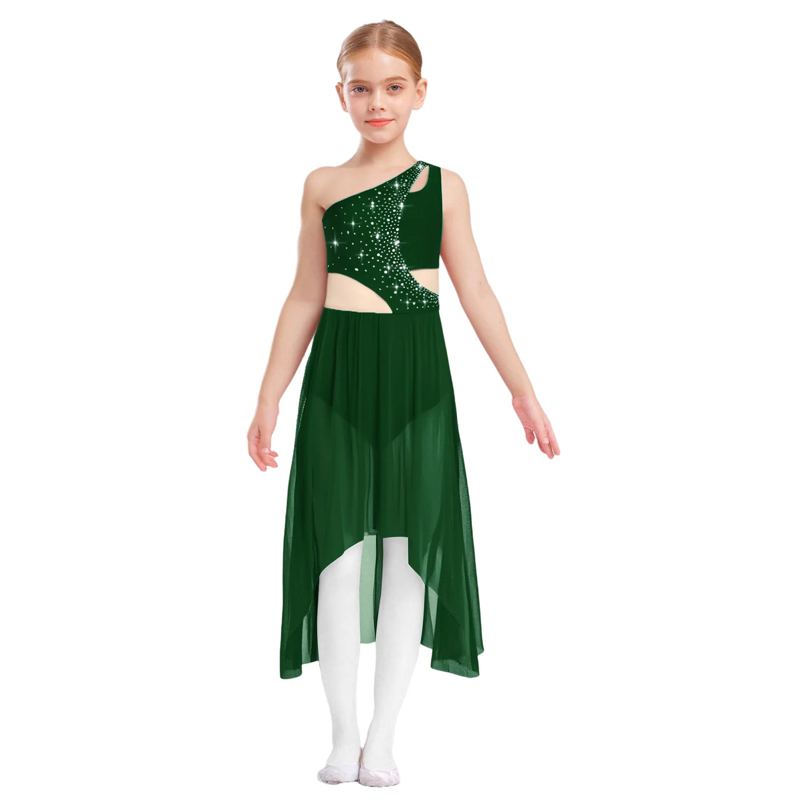 

Kids Girls Lyrical Modern Dance Costume Shiny One Shoulder Sleeveless High-Low Flowy Contemporary Modern Stage Performance Wear