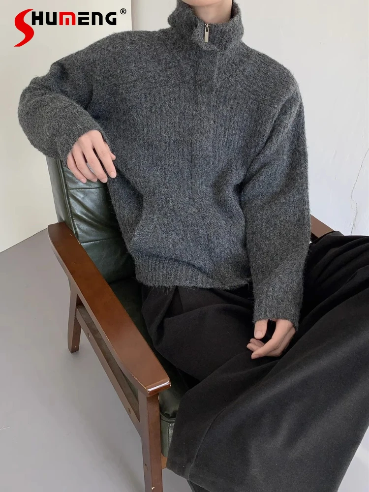 Men's 2025 Winter New Thickened Stand Collar Zipper Cardigan Sweaters Men's High-end Knitted Sweater Fashion Solid Color Jackets