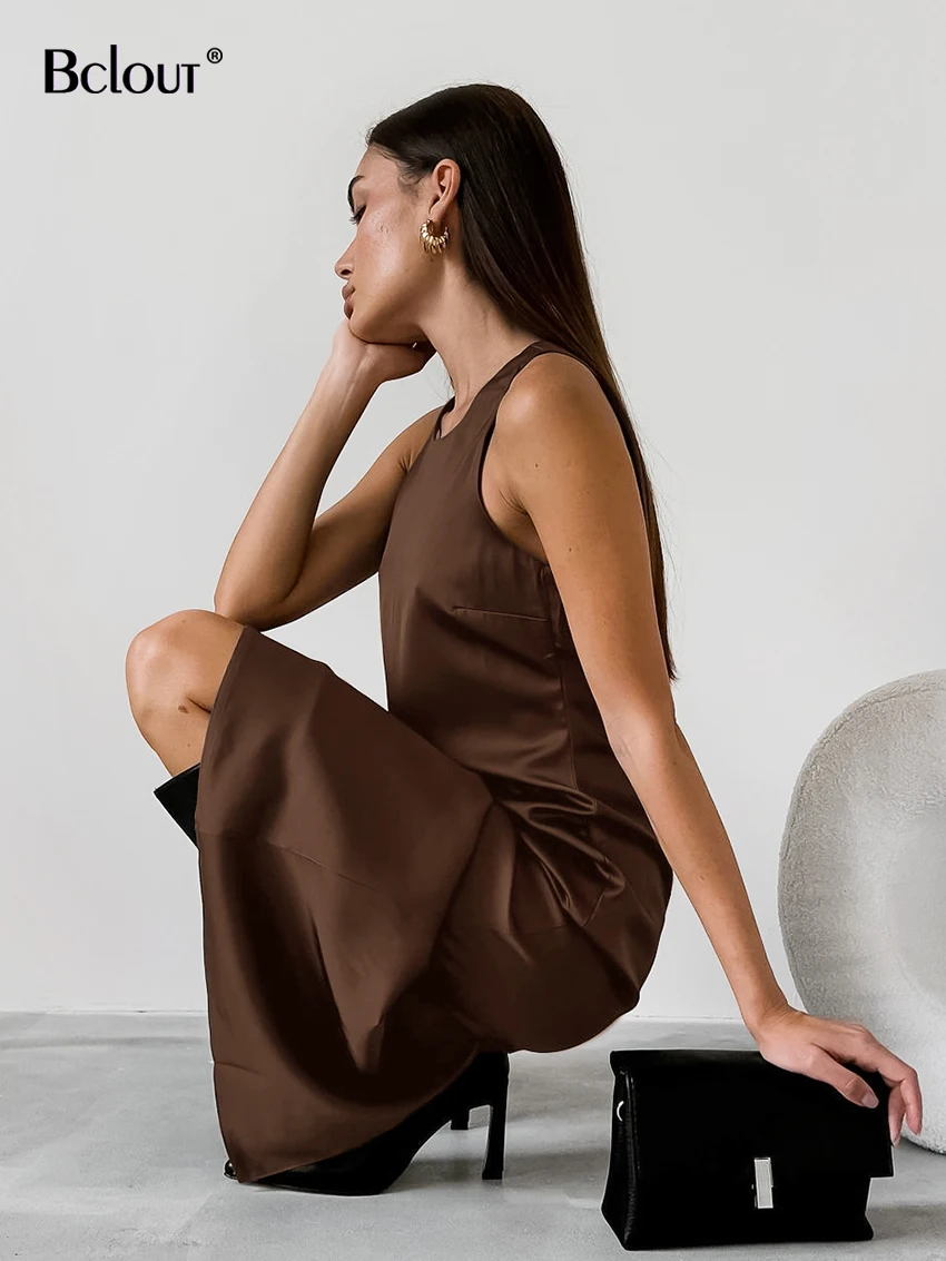 Bclout Fashion Satin Brown Dress Women 2024 Summer O-Neck Solid Office Lady Straight Dresses Casual Sleeveless Party Long Dress