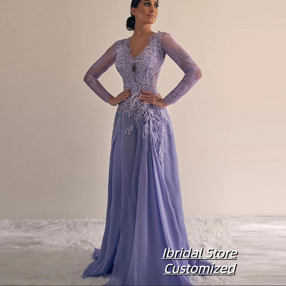 Vestido elegante para madre de la novia, moda con cuello en V, encaje transparente, manga larga, corte en A, vestidos largos para ocasiones formales personalizados