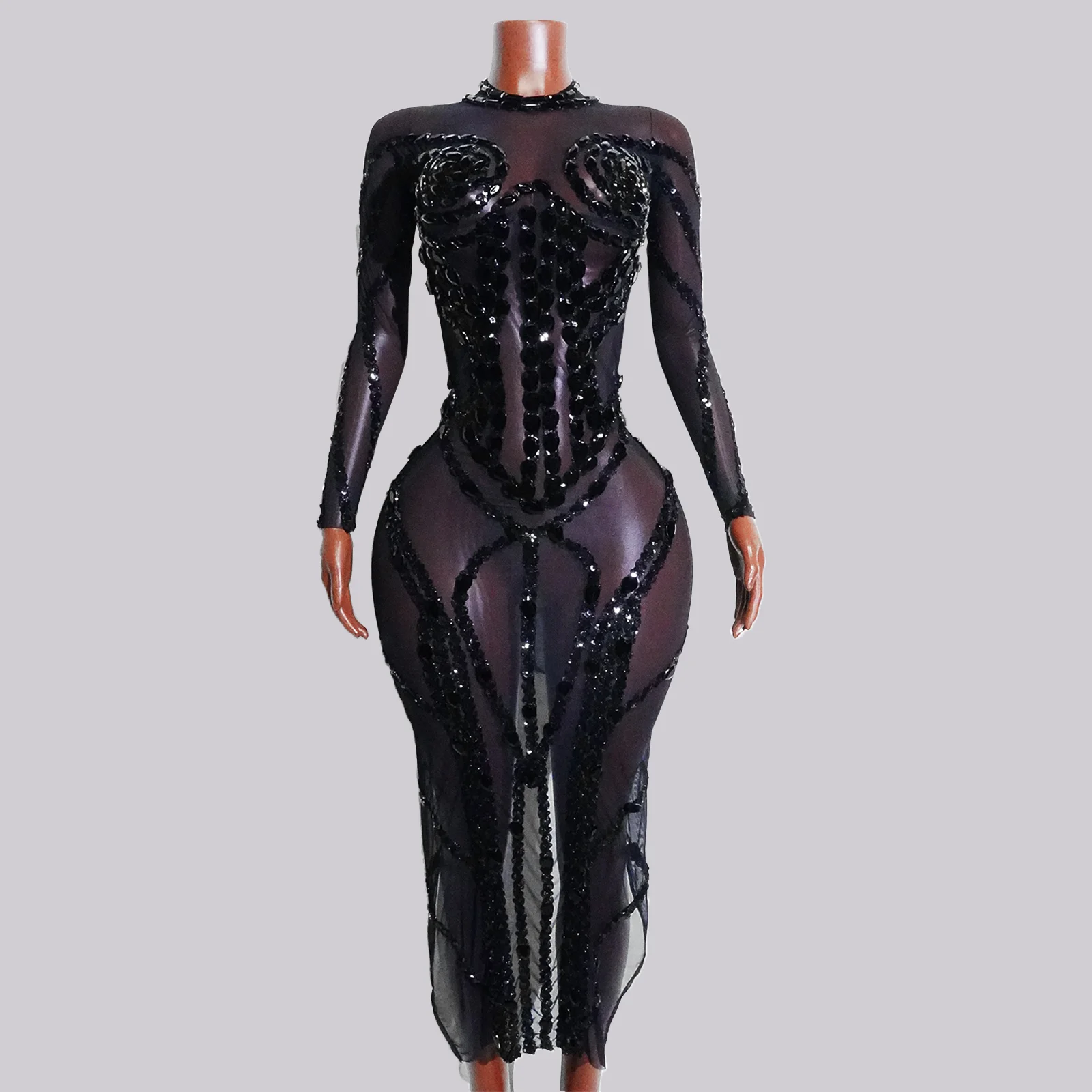 

Fashion Full Rhinestone Black dress Sequin Sexy Club Performance Party Birthday Leotard Drag Queen Pole Dance Costume Outfits