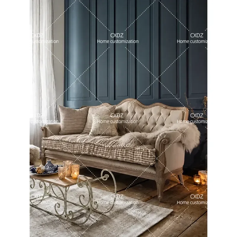 Retro Carved Solid Wood Sofa with Country Buckle Details Oak Frame Cotton Linen Fabric Three Seater for Living Room Furniture
