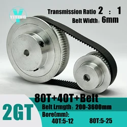 2GT 2M 80Teeth 40T  GT2 40Teeth 80T Timing Belt Pulley Set Belt Width 6mm Bore 5~25mm  2:1 Wheel Synchronous Pulley Belt Kit