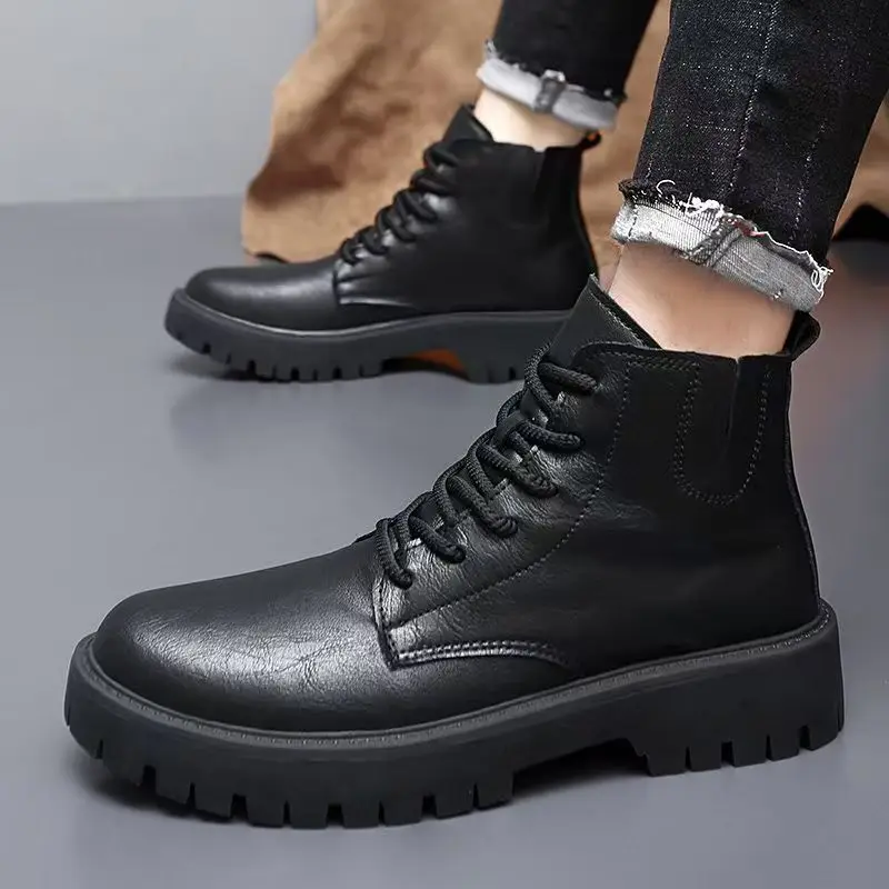 

Мужские ботильоны из натуральной кожи большого размера, осень-зима, толстая подошва, нескользящие, высококачественные, с круглым носком, на шнуровке, с высоким берцем, рабочие ботинки