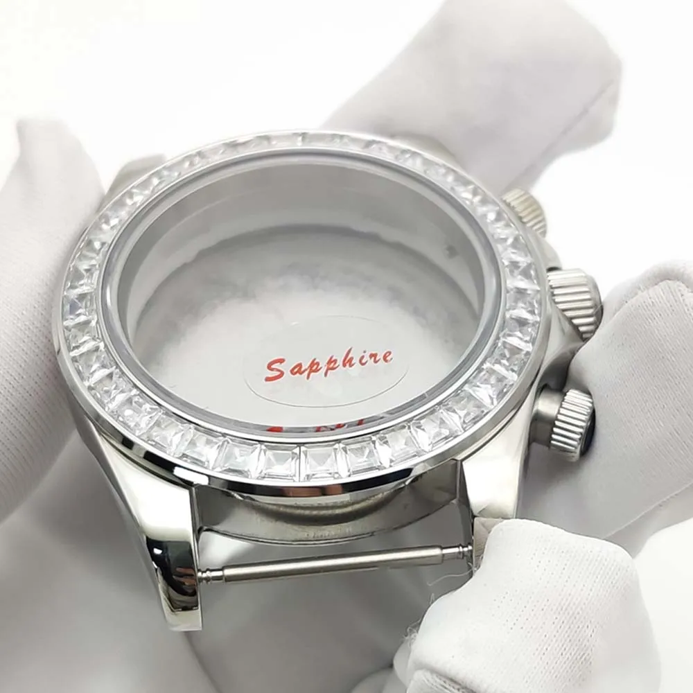 40 مللي متر الياقوت الزجاج حاوية من الفولاذ المقاوم للصدأ مع الماس الحافة ساعة رجالي اكسسوارات لحركة الكوارتز VK63 VK64