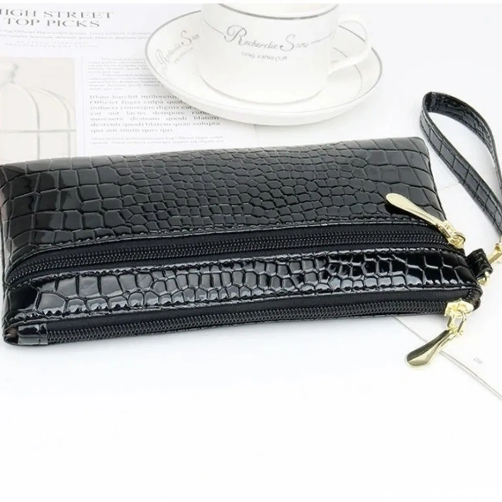 Fashion PU Leather Women Long Wallets Hand-held Stone Grain Coin Purse Double Zipper Clutch Bag Lady Purses